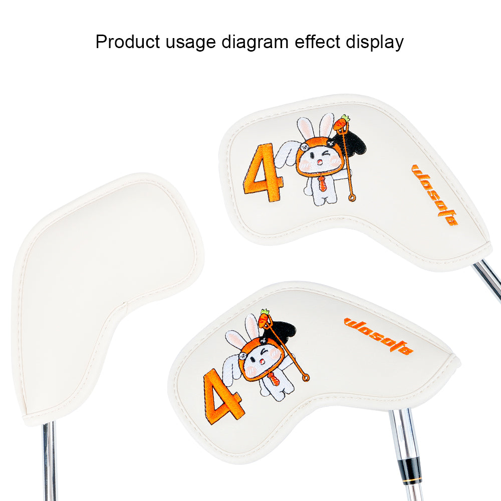 Lucky Rabbit Embroidery Golf Iron Headcovers Set - 9pcs Premium Waterproof PU Leather Protectors with Secure Velcro Closure, High-Density Stitching, Black & White