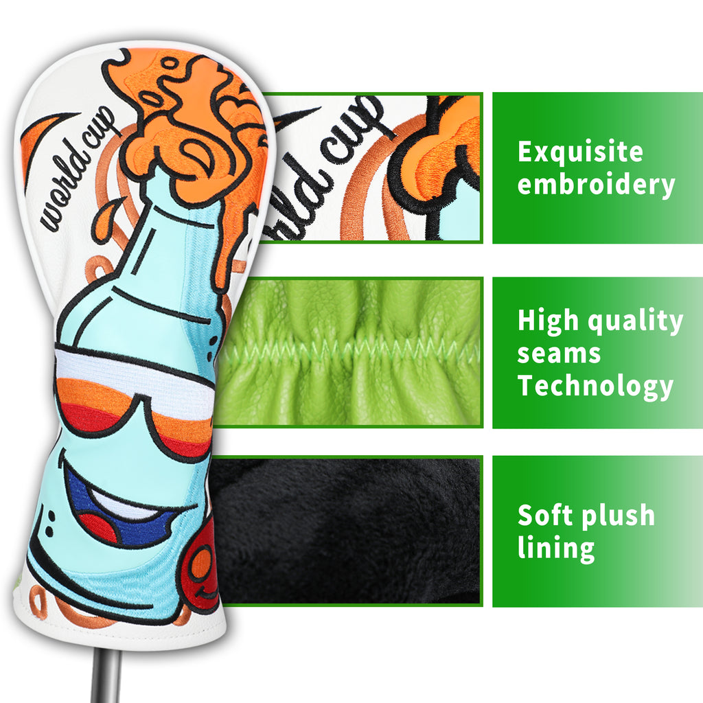 Beer Themed Golf Headcover Driver Fairway Wood Hybrid Premium PU Leather Head Cover Embroidered Design