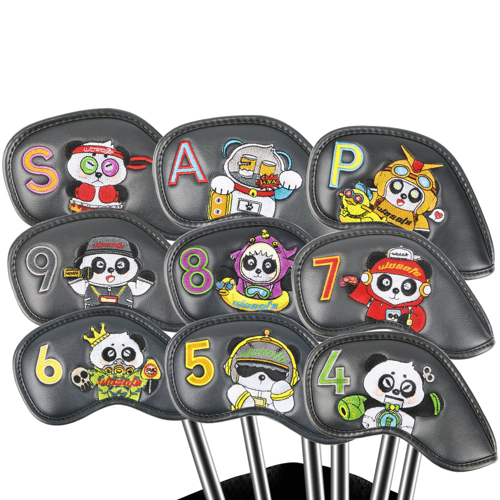PU Golf Headcover| Embroidered Panda Design Iron Club Golf Head Cover Set Waterproof Durable Effective Protection Club