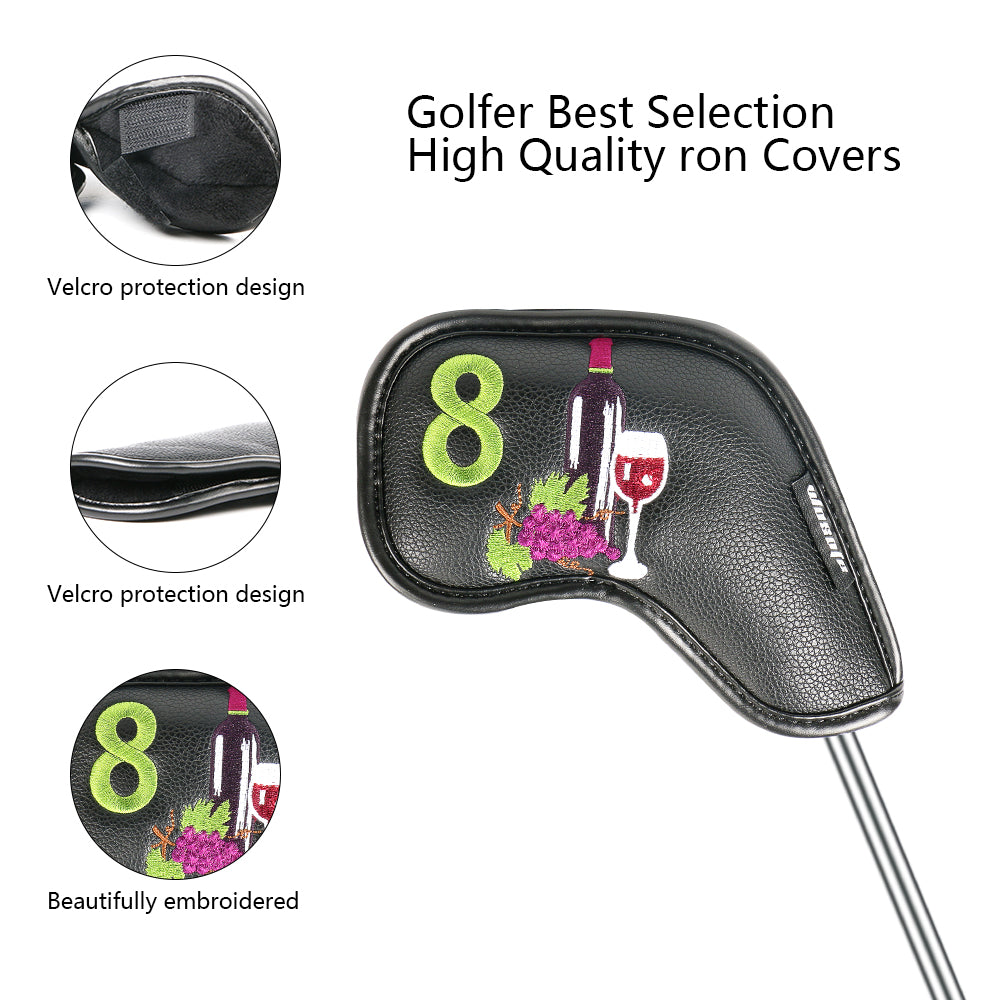 Golf iron headcover 10pcs/set high quality PU waterproof durable protect iron club High-density Embroidery wine glass