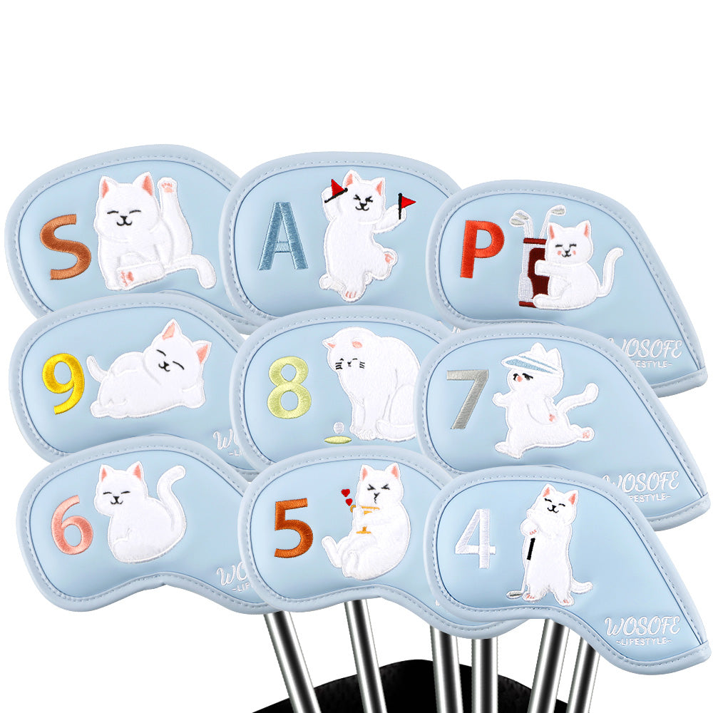 Golf Headcovers,Premium PU Leather  Waterproof Durable High-density Embroidered Club Label And Cat Pattern Club Head Cover Set of 9 Fits Most Clubs