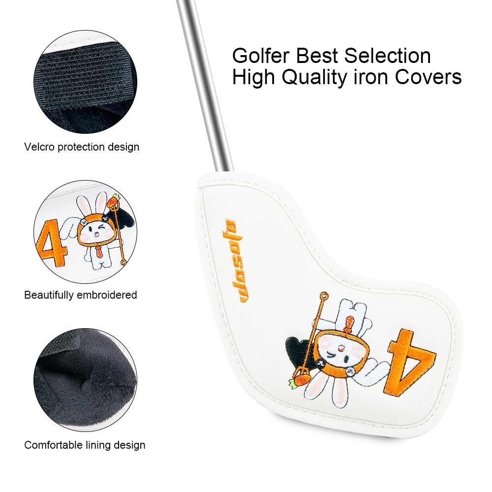 Lucky Rabbit Embroidery Golf Iron Headcovers Set - 9pcs Premium Waterproof PU Leather Protectors with Secure Velcro Closure, High-Density Stitching, Black & White