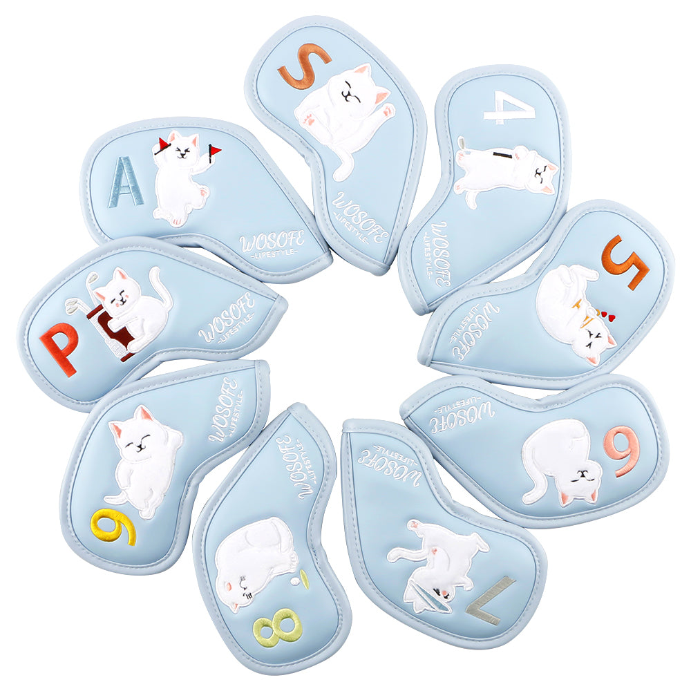 Wosofe Cute Plush Cat Embroidery Golf Iron Headcovers Set - 9pcs Premium Waterproof PU Leather Protectors with Secure Velcro Closure & Soft Velvet Lining, Fits All Major Brands - golf iron cover - Perfect Gift for Golfers