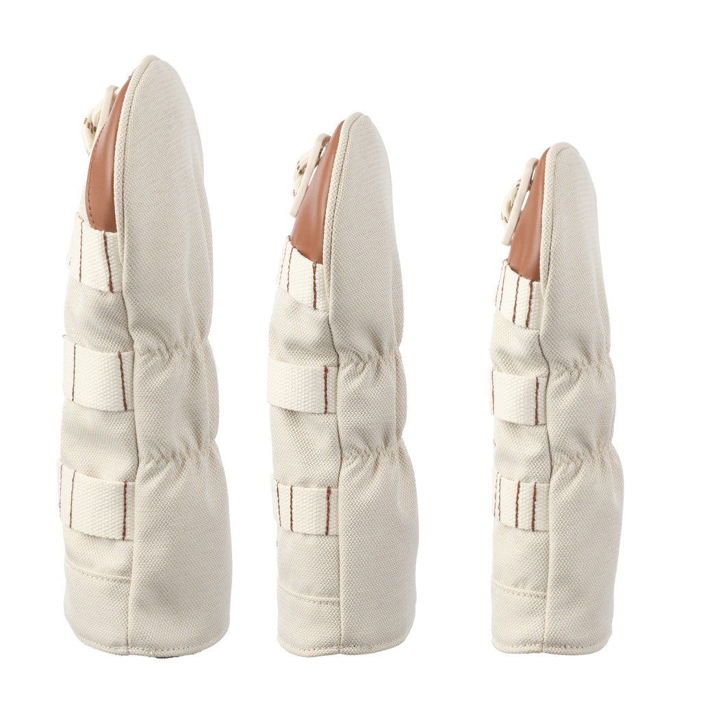 Tactical Canvas & PU Leather Golf Headcover Set - 3pc Wood Club Covers (Driver, Fairway, Hybrid) with Integrated Tee Holder Ribbon & Black Velvet Lining, Fits All Major Brands