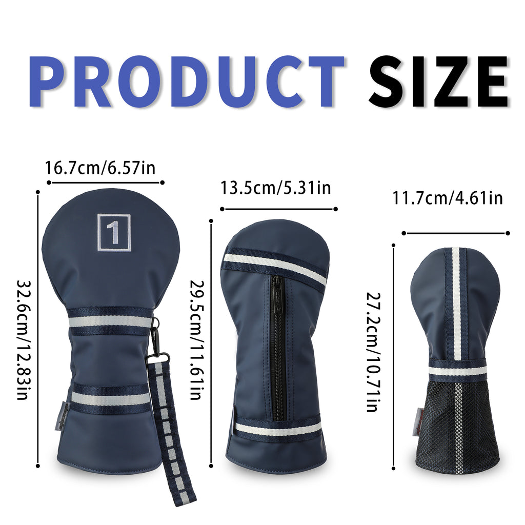 Matte Blue PU Leather Golf Headcover Set - 3pc Wood Club Covers (Driver, Fairway, Hybrid) with Mesh Pocket & Detachable Tee Holder Ribbon, Black Velvet Lining, Fits All Drivers & Woods