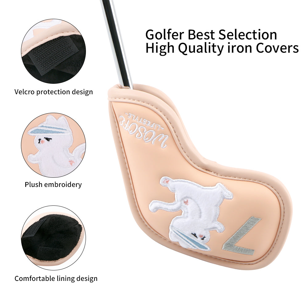 Golf Headcovers,Premium PU Leather  Waterproof Durable High-density Embroidered Club Label And Cat Pattern Club Head Cover Set of 9 Fits Most Clubs