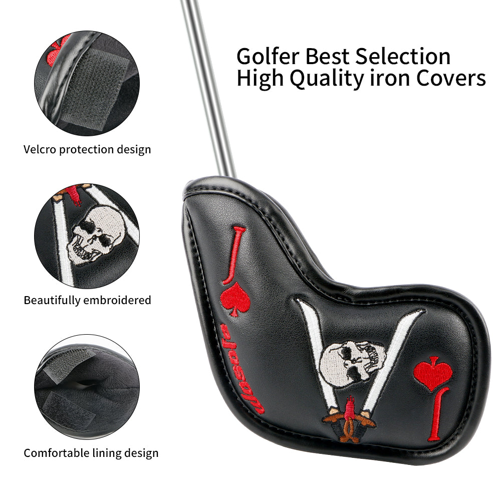 Golf Iron Headcover 9pcs Thick Synthetic Leather Golf Iron Head Covers Set Fit All Brands Skull Theme Embroidery Iron Cover Set