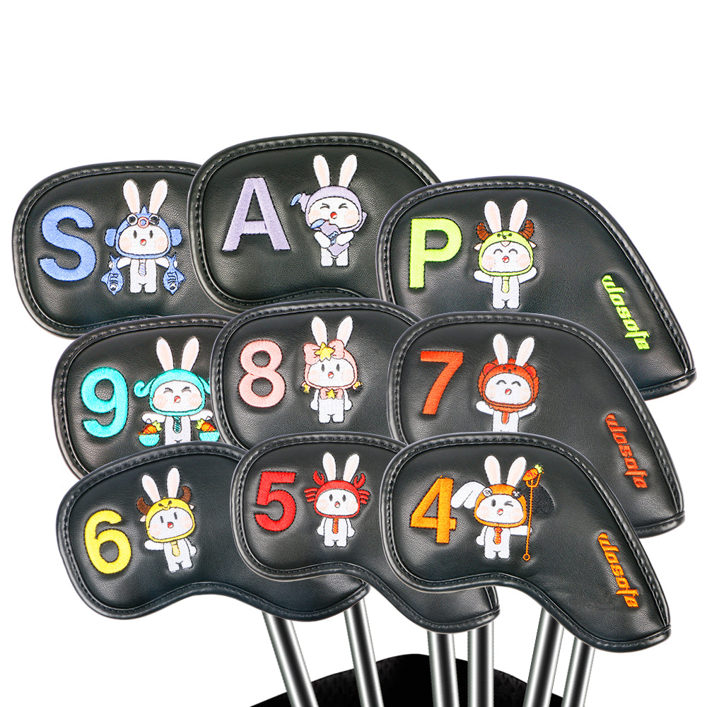 Golf Headcover High Quality Premium Pu Leather Iron Head Cover 9 Pcs Density Embroidery Rabbit Design Bunny Party Iron Cover Set