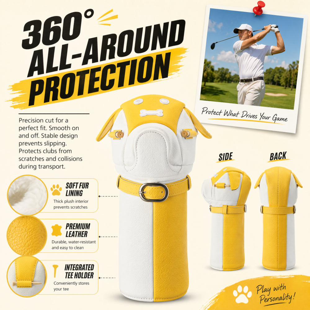 Cute Dog Motif Golf Driver Headcover - Premium Smooth PU Leather Wood Club Protector with Quilted Stitching & Velvet Lining, Fits All 460cc Drivers, 4 Colors Available