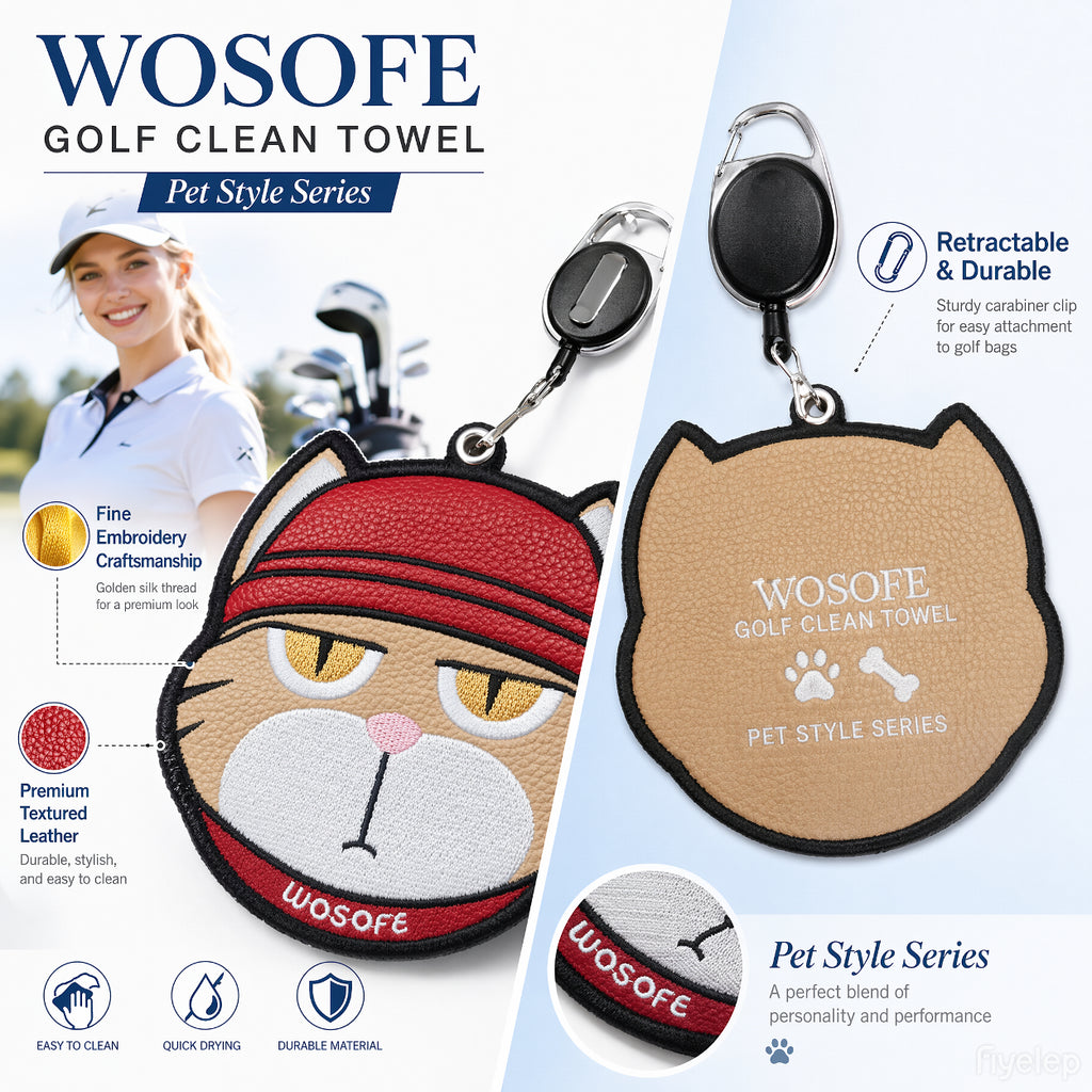 WOSOFE Cool Cat Golf Towel with Retractable Clip, Cartoon Tiger Cat Golf Ball Cleaner