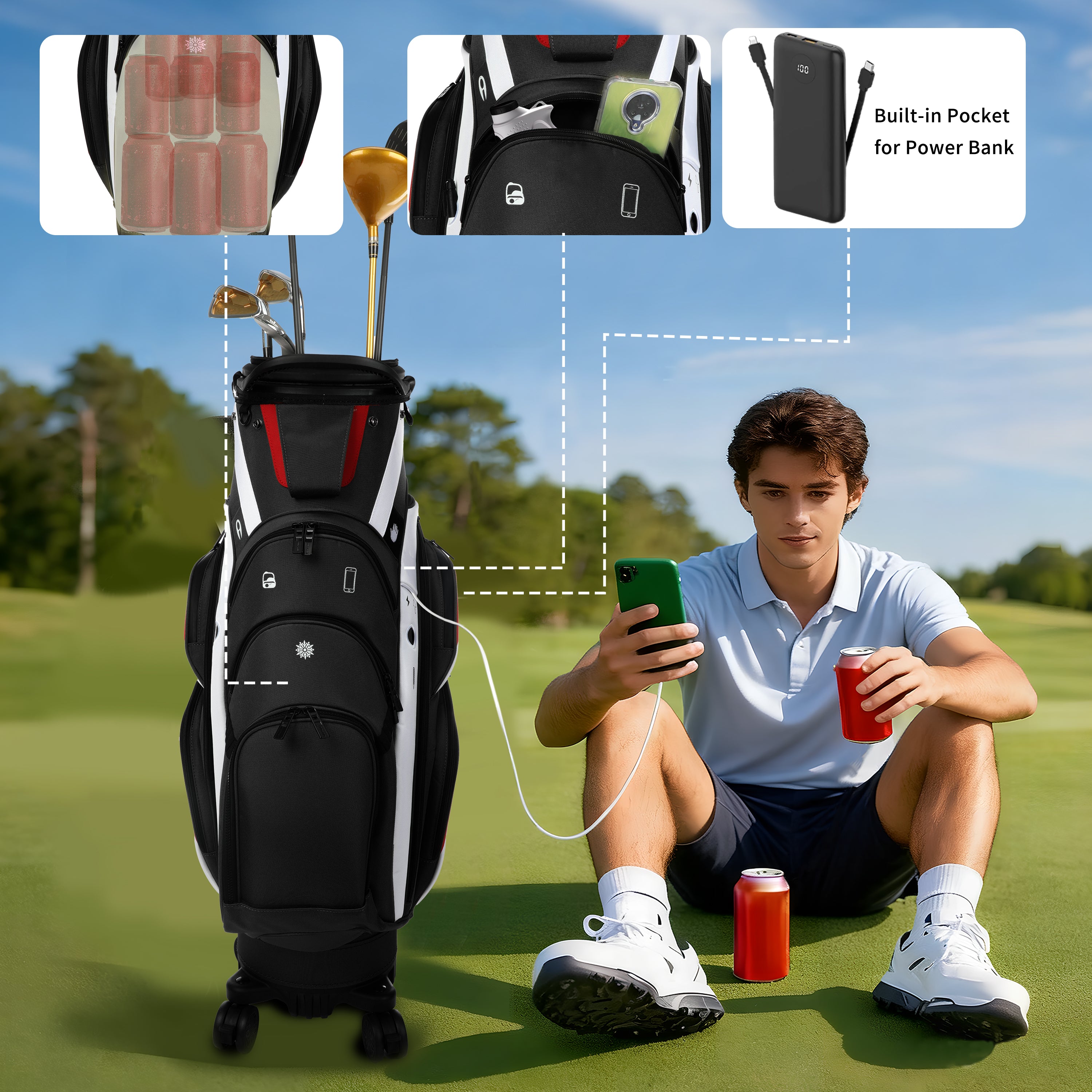 golf travel bags with wheels, Golf Cart and Travel Bag Retractable Cover,Golf Carry Bag for Men and Women, Multiple Storage Pockets, Shoe Compartment, Golf Cart Bag, 4 Colors to Choose from(FreeShipping)