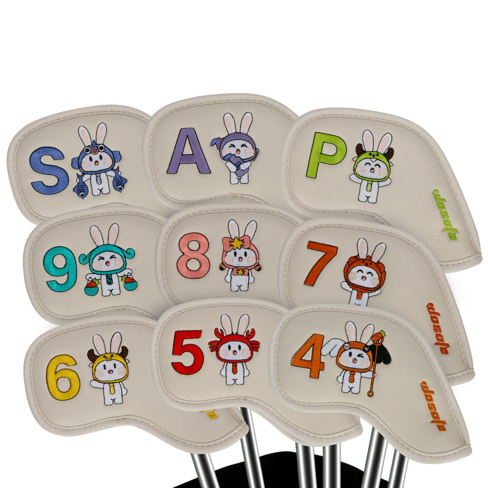 Golf Headcover High Quality Premium Pu Leather Iron Head Cover 9 Pcs Density Embroidery Rabbit Design Bunny Party Iron Cover Set