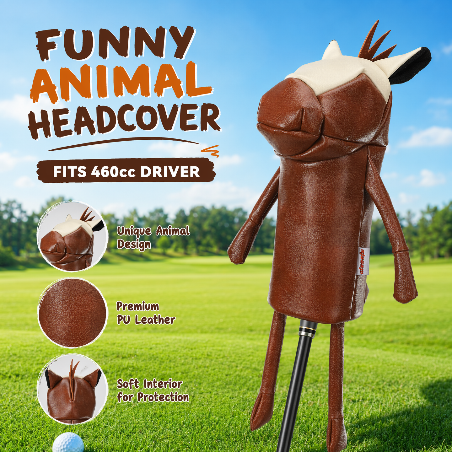 Minimalist Pony Quilted Stitching Golf Driver Headcover - Premium Smooth PU Leather Wood Club Protector, Waterproof & Velvet Lined, Fits All 460cc Drivers, 4 Colors