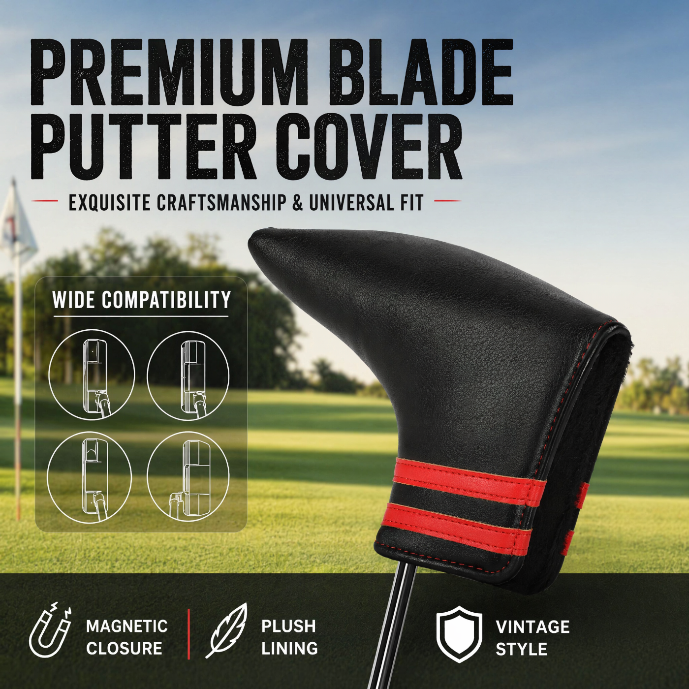 Premium Blade Putter Cover - Magnetic PU Leather Golf Headcover with Applique Embroidery & Velvet Lining, 5 Colors, Fits Scotty Cameron, Odyssey, Newport & Blade Putters