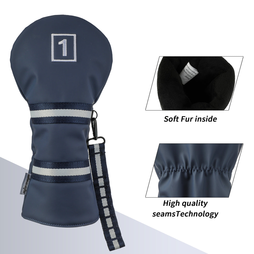 Matte Blue PU Leather Golf Headcover Set - 3pc Wood Club Covers (Driver, Fairway, Hybrid) with Mesh Pocket & Detachable Tee Holder Ribbon, Black Velvet Lining, Fits All Drivers & Woods