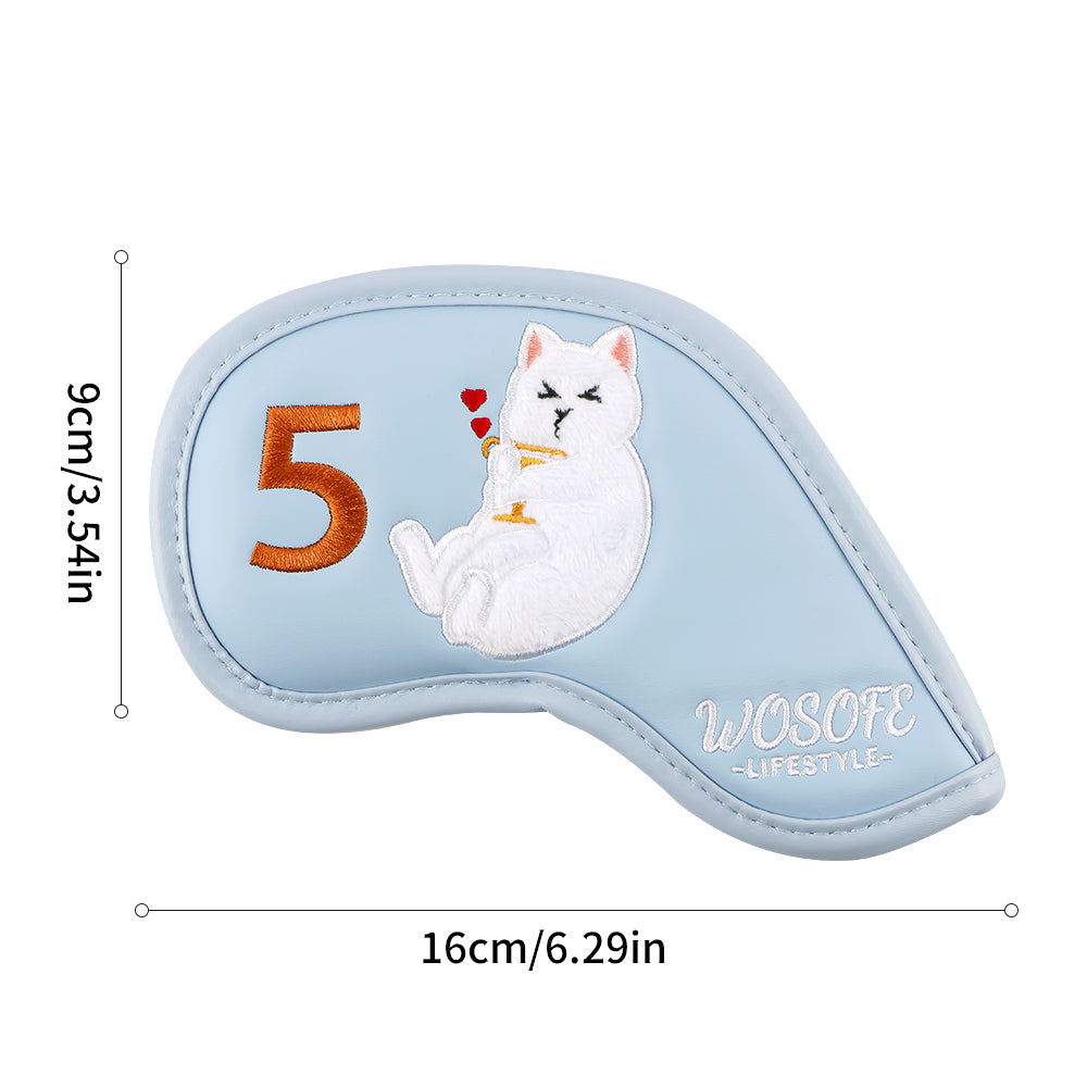 Wosofe Cute Plush Cat Embroidery Golf Iron Headcovers Set - 9pcs Premium Waterproof PU Leather Protectors with Secure Velcro Closure & Soft Velvet Lining, Fits All Major Brands - golf iron cover - Precision Design
