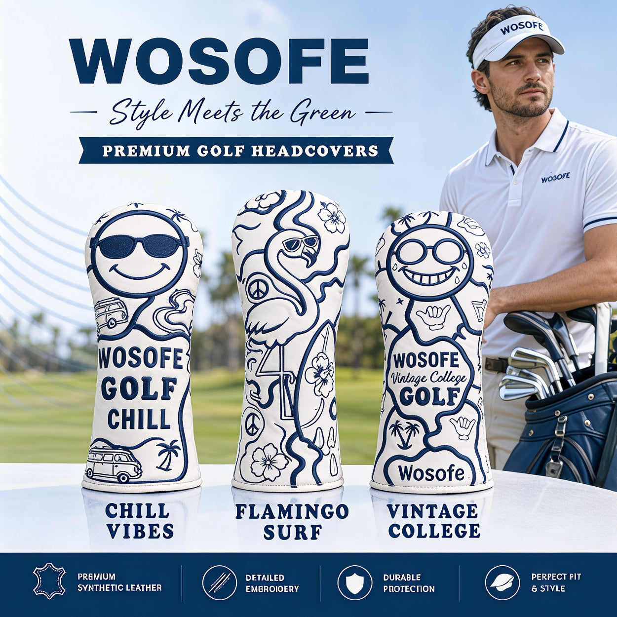 Wosofe Premium 3Pcs Golf Wood Headcover Set-3D Embroidered