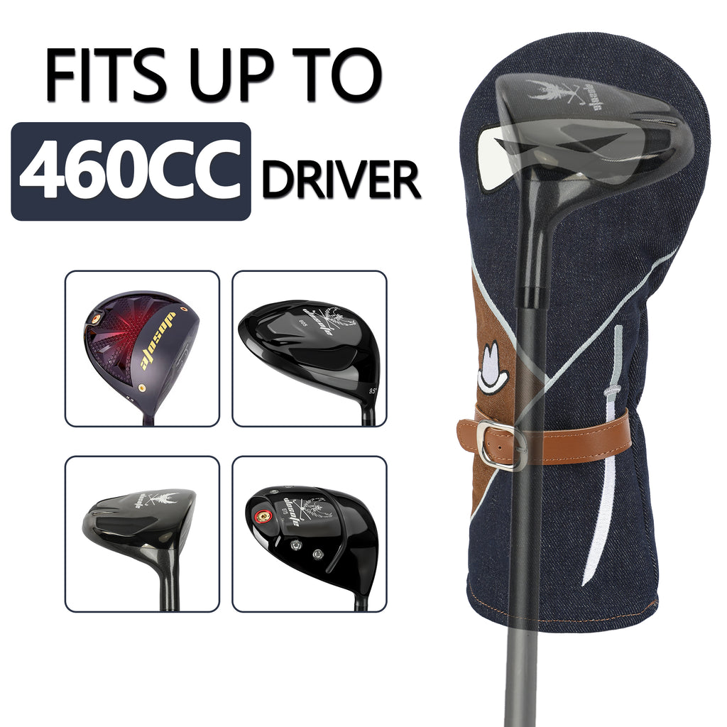 Vintage Denim Golf Driver Headcover - Premium Denim Fabric with Applique Embroidery & Soft Velvet Lining, Retro Style Golf Club Protector Fits All 460cc Drivers