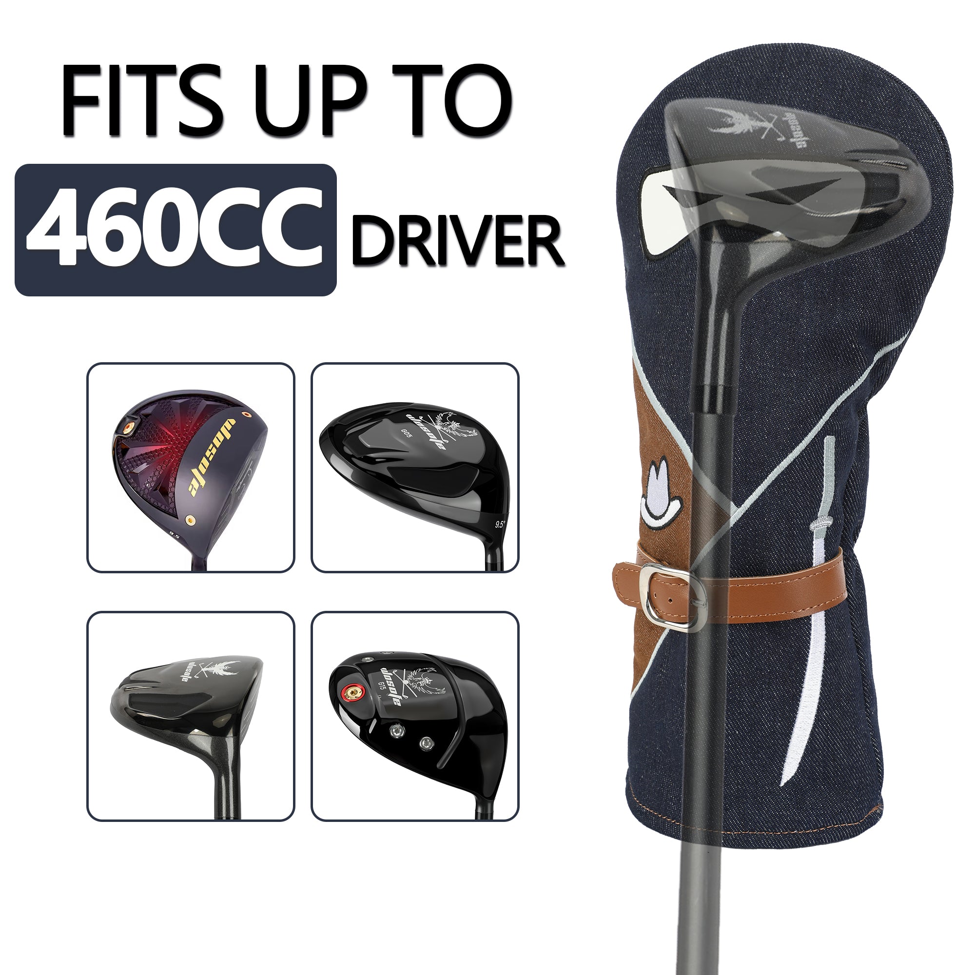 Vintage Denim Golf Driver Headcover - Premium Denim Fabric with Applique Embroidery & Soft Velvet Lining, Retro Style Golf Club Protector Fits All 460cc Drivers