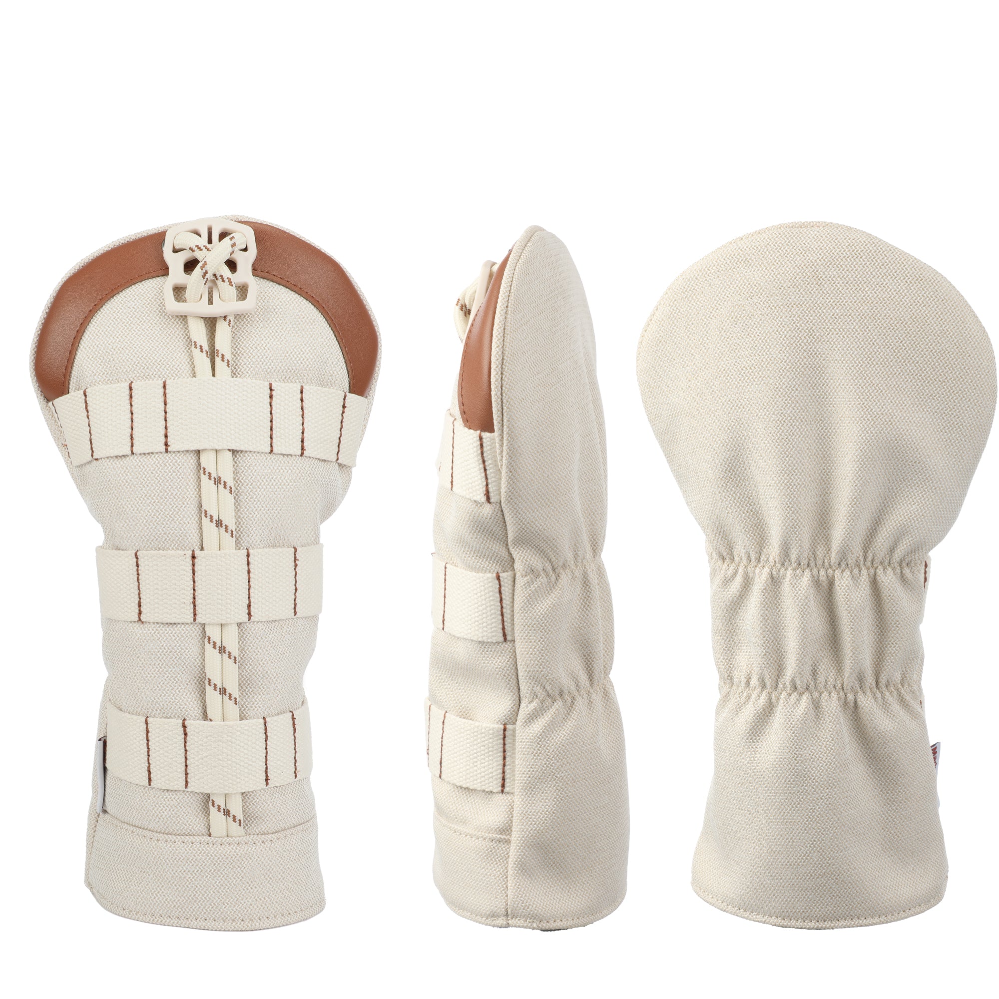 Tactical Canvas & PU Leather Golf Headcover Set - 3pc Wood Club Covers (Driver, Fairway, Hybrid) with Integrated Tee Holder Ribbon & Black Velvet Lining, Fits All Major Brands