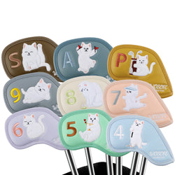 Wosofe Cute Plush Cat Embroidery Golf Iron Headcovers Set - 9pcs Premium Waterproof PU Leather Protectors with Secure Velcro Closure & Soft Velvet Lining, Fits All Major Brands - golf iron cover - Top-Rated Golf Accessory