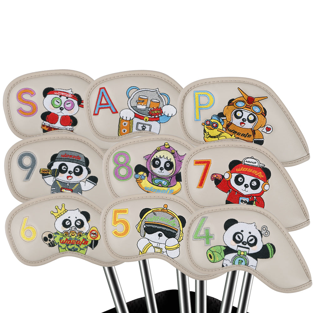 PU Golf Headcover| Embroidered Panda Design Iron Club Golf Head Cover Set Waterproof Durable Effective Protection Club