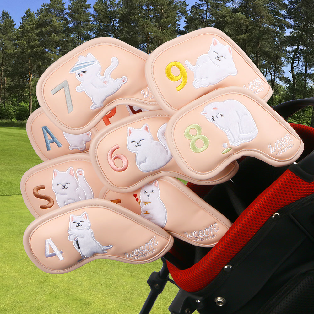 Golf Headcovers,Premium PU Leather  Waterproof Durable High-density Embroidered Club Label And Cat Pattern Club Head Cover Set of 9 Fits Most Clubs