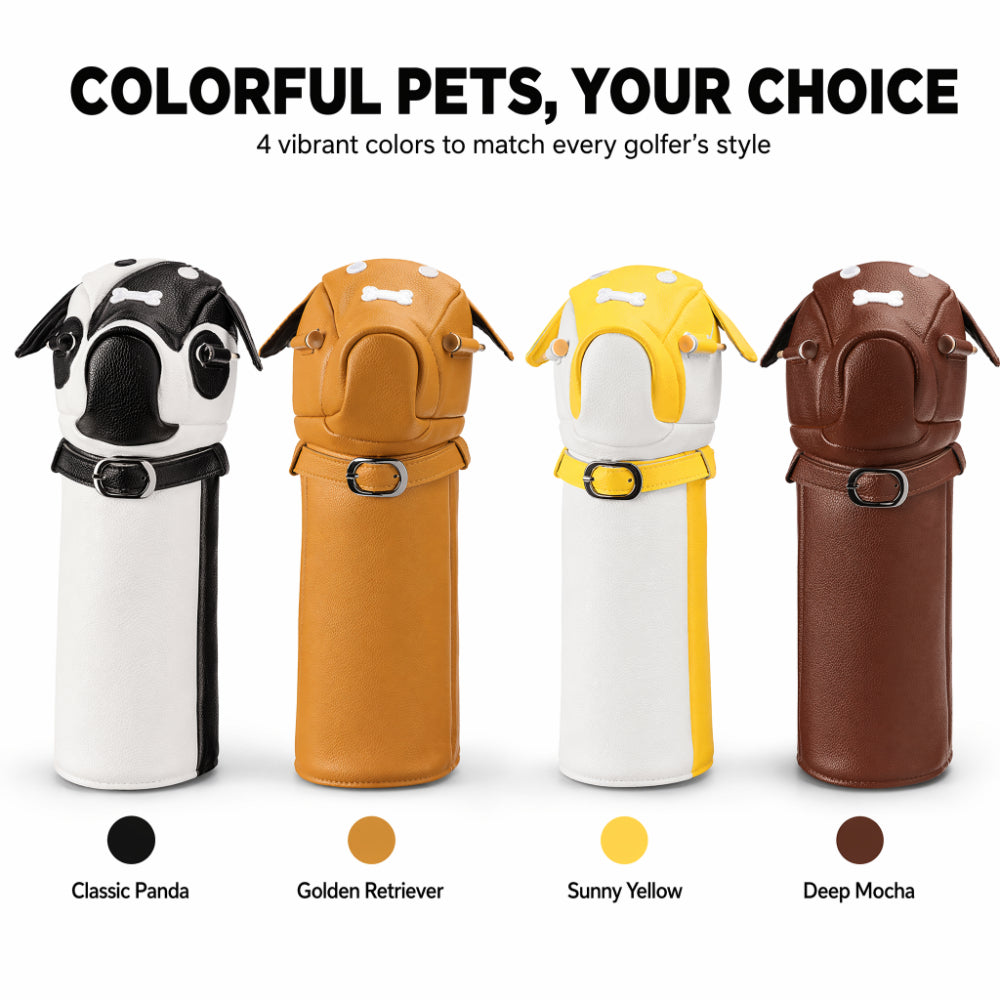 Cute Dog Motif Golf Driver Headcover - Premium Smooth PU Leather Wood Club Protector with Quilted Stitching & Velvet Lining, Fits All 460cc Drivers, 4 Colors Available