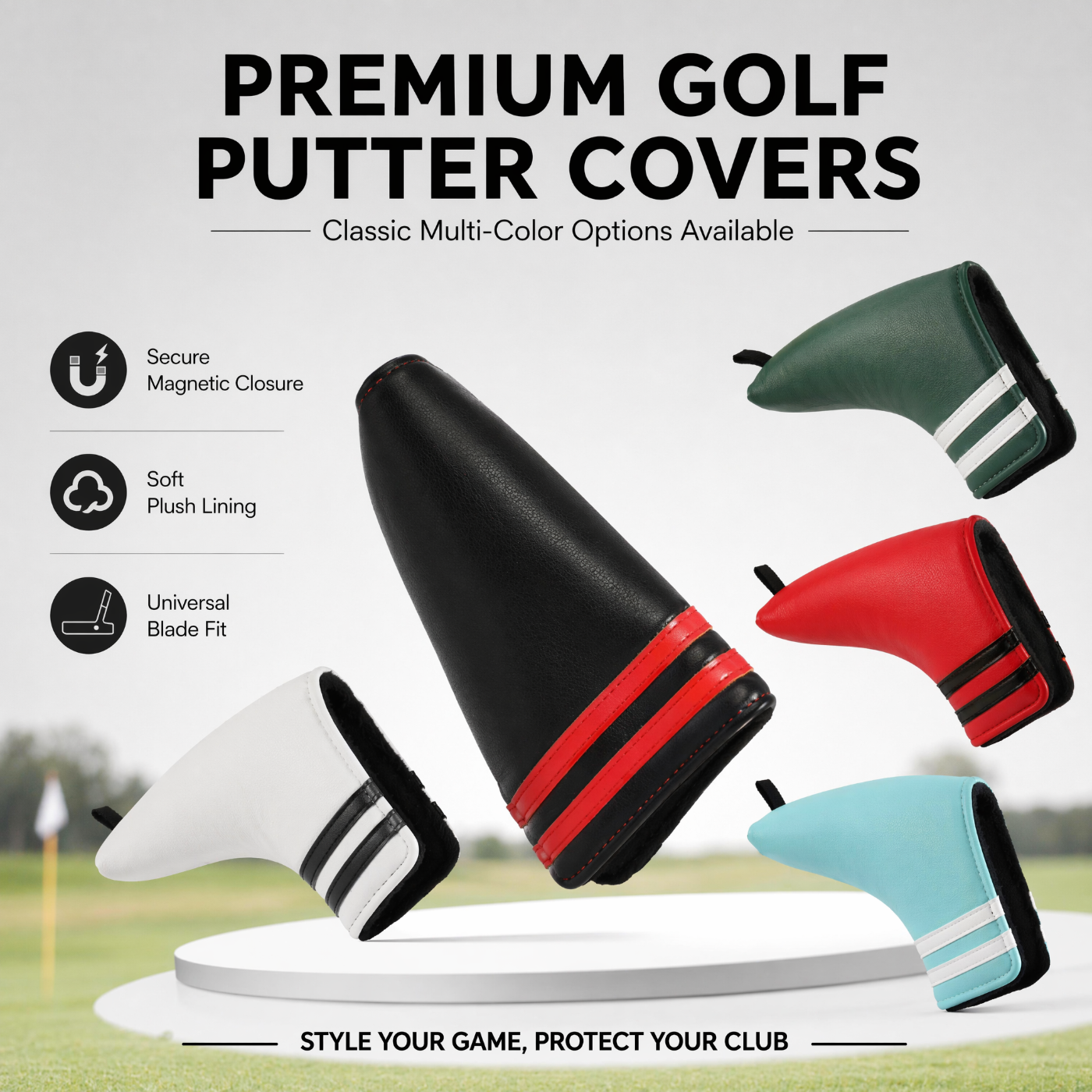 Premium Blade Putter Cover - Magnetic PU Leather Golf Headcover with Applique Embroidery & Velvet Lining, 5 Colors, Fits Scotty Cameron, Odyssey, Newport & Blade Putters
