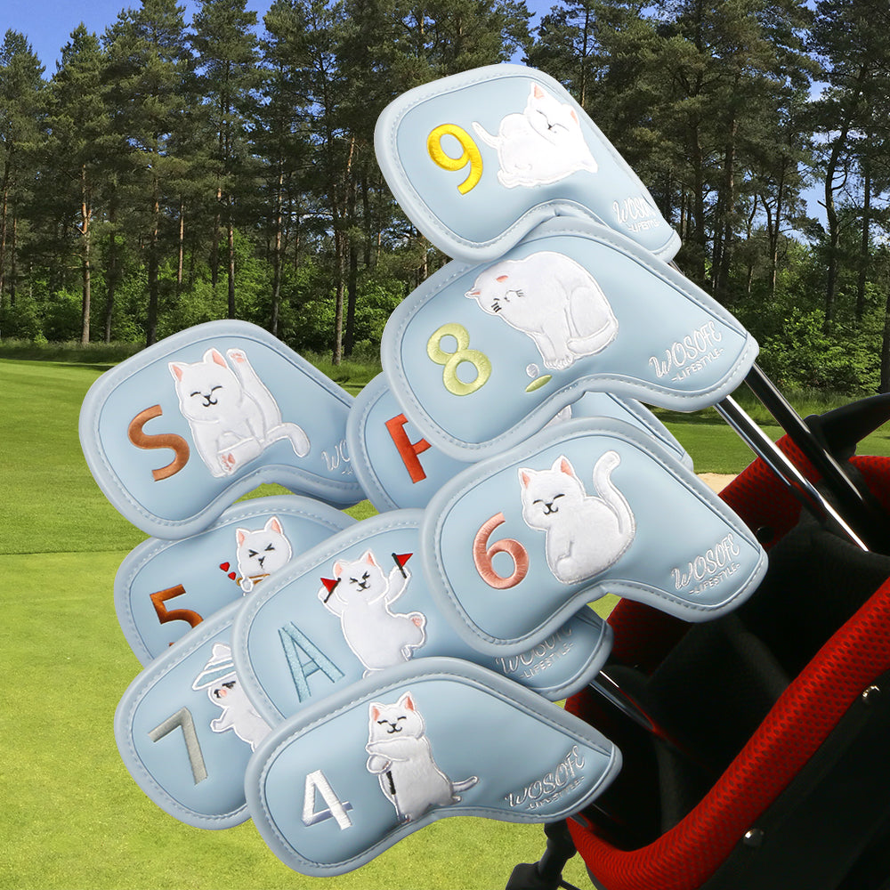 Cute Plush Cat Embroidery Golf Iron Headcovers Set - 9pcs Premium Waterproof PU Leather Protectors with Secure Velcro Closure & Soft Velvet Lining, Fits All Major Brands