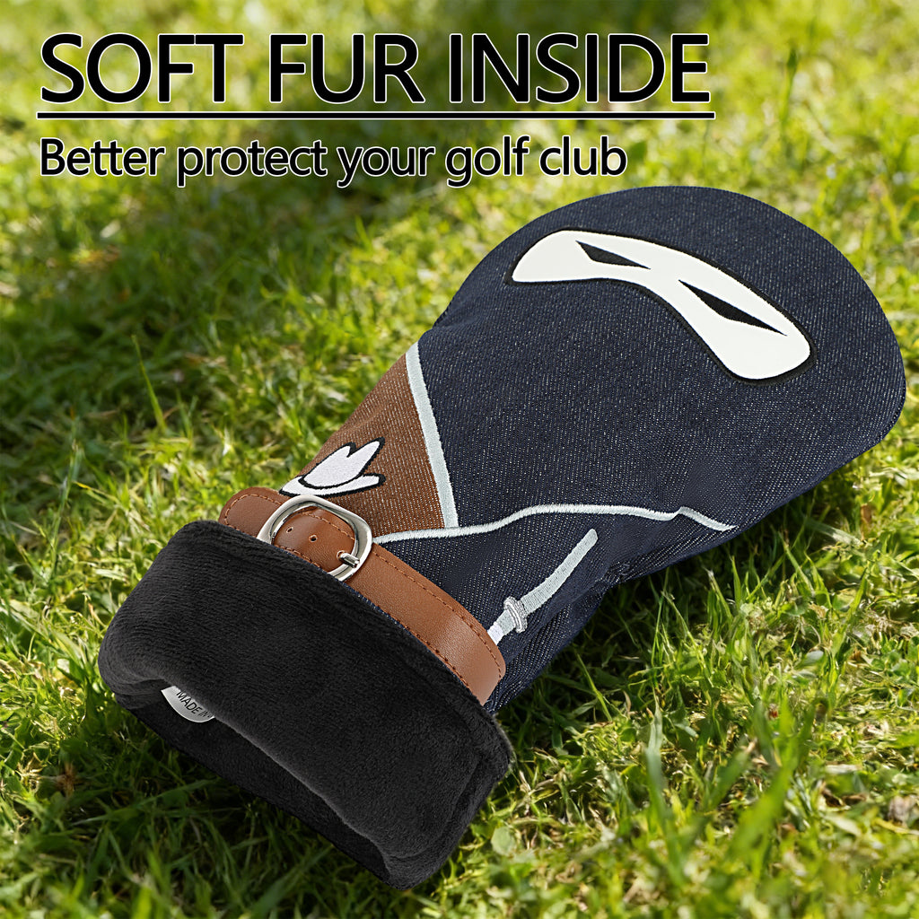 Vintage Denim Golf Driver Headcover - Premium Denim Fabric with Applique Embroidery & Soft Velvet Lining, Retro Style Golf Club Protector Fits All 460cc Drivers