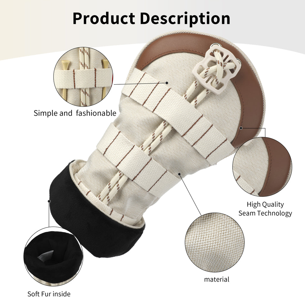 Tactical Canvas & PU Leather Golf Headcover Set - 3pc Wood Club Covers (Driver, Fairway, Hybrid) with Integrated Tee Holder Ribbon & Black Velvet Lining, Fits All Major Brands