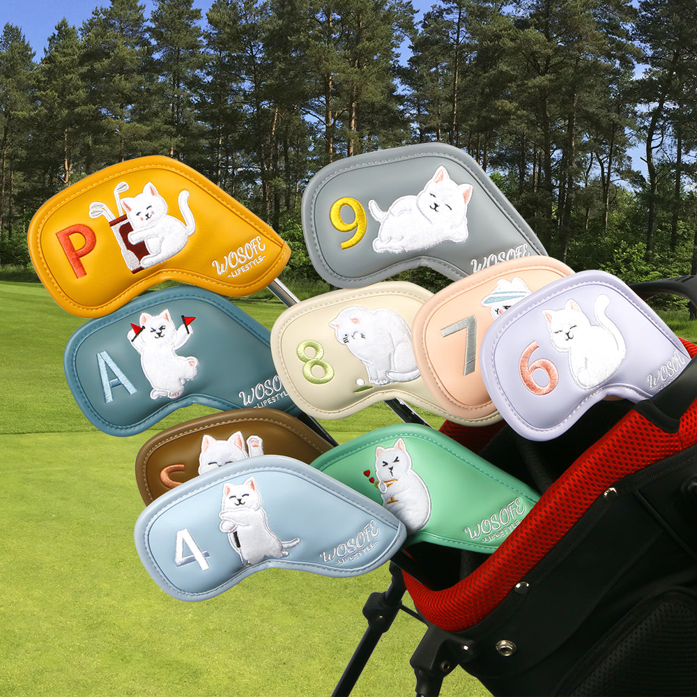 Cute Plush Cat Embroidery Golf Iron Headcovers Set - 9pcs Premium Waterproof PU Leather Protectors with Secure Velcro Closure & Soft Velvet Lining, Fits All Major Brands