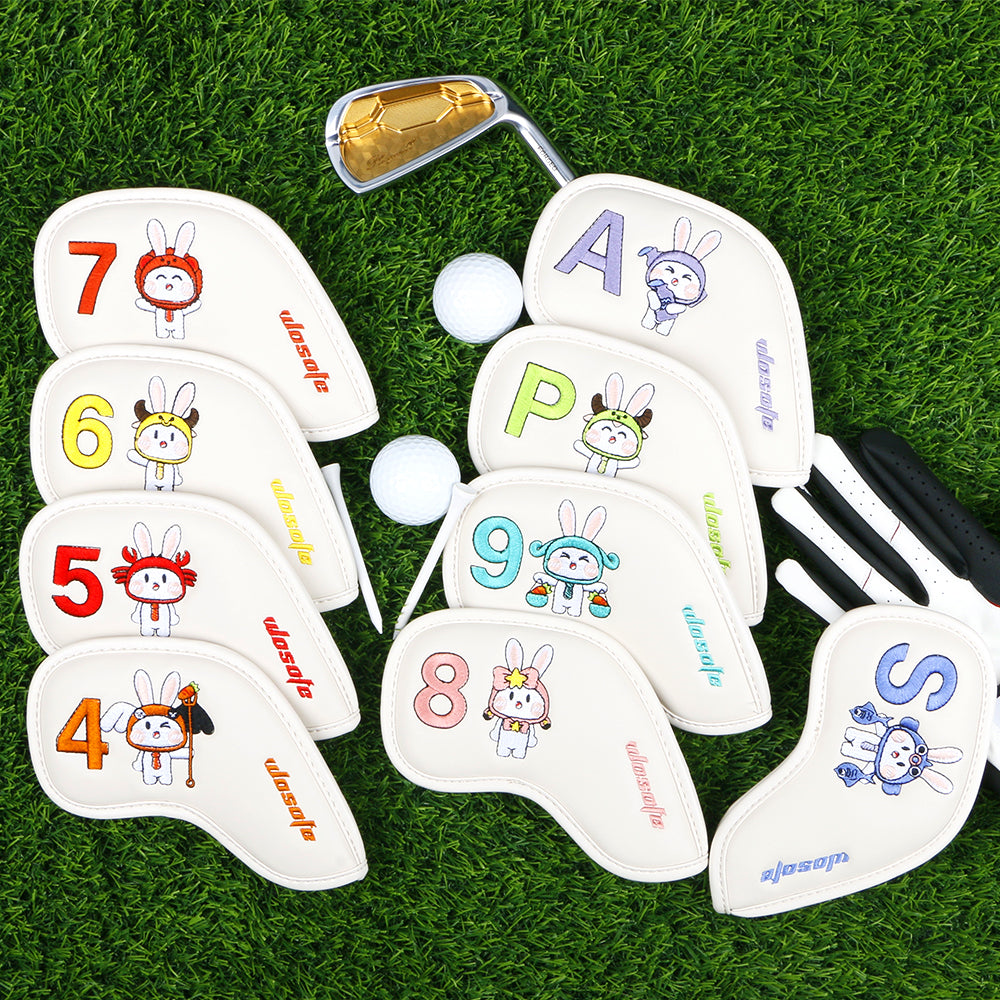 Lucky Rabbit Embroidery Golf Iron Headcovers Set - 9pcs Premium Waterproof PU Leather Protectors with Secure Velcro Closure, High-Density Stitching, Black & White