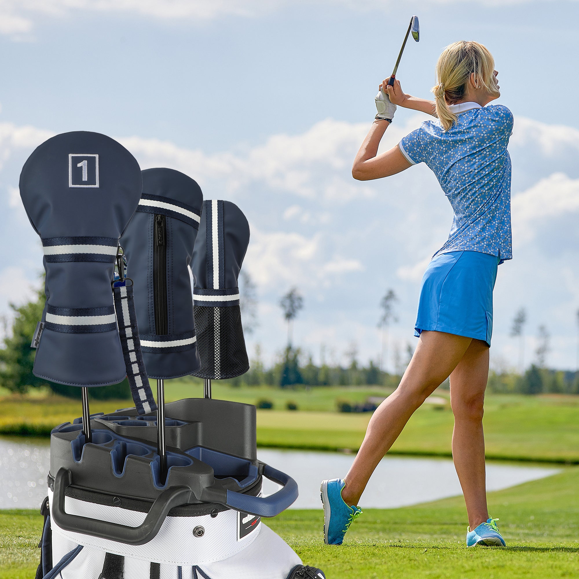 Matte Blue PU Leather Golf Headcover Set - 3pc Wood Club Covers (Driver, Fairway, Hybrid) with Mesh Pocket & Detachable Tee Holder Ribbon, Black Velvet Lining, Fits All Drivers & Woods