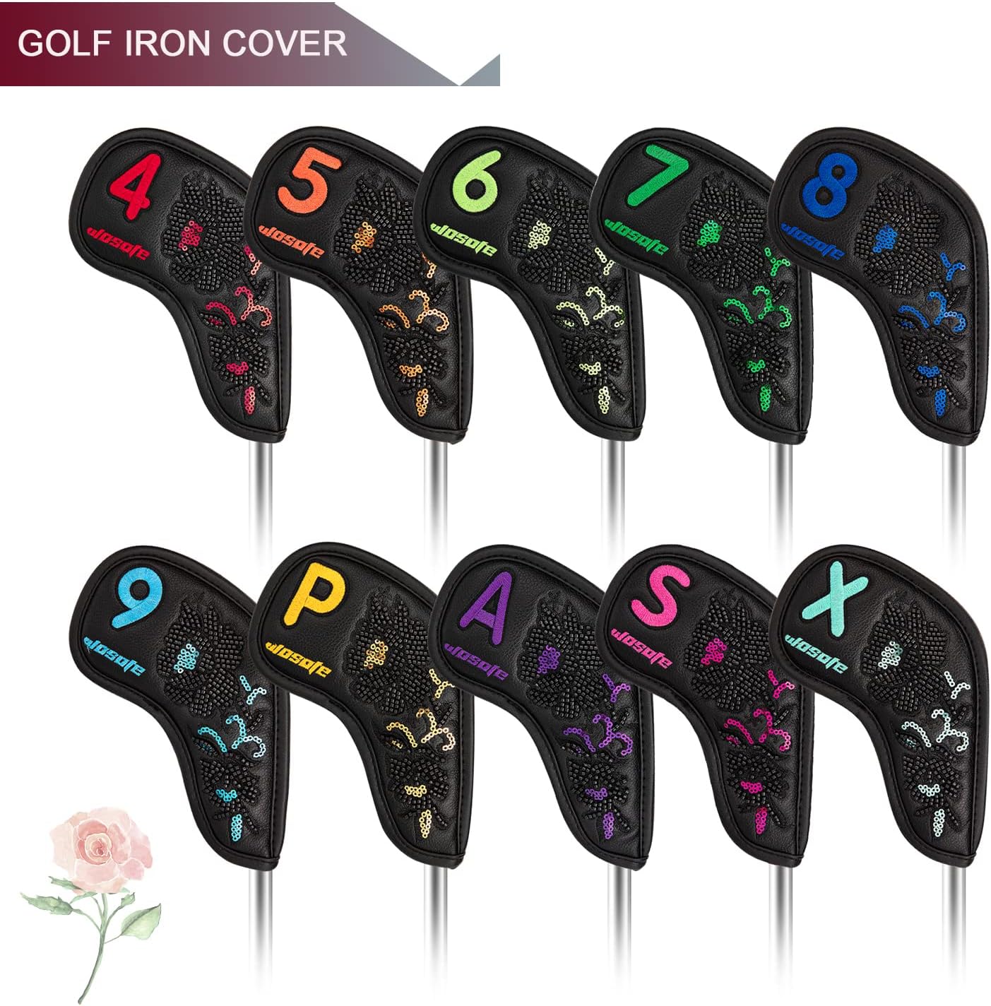 Black Golf Iron Covers Club Cap Covers Beaded Embroidered Club Head Protectors Made In China