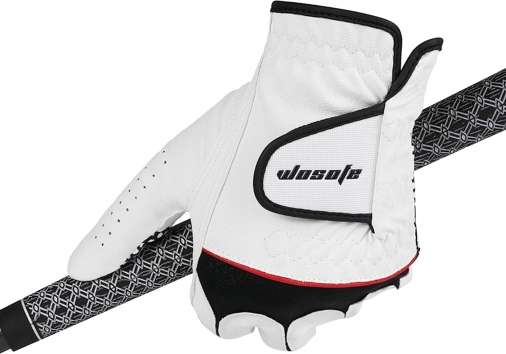 男士高尔夫手套左手防滑手掌PU优质皮革柔软耐用舒适适合所有天气，配有五个球座和刷子