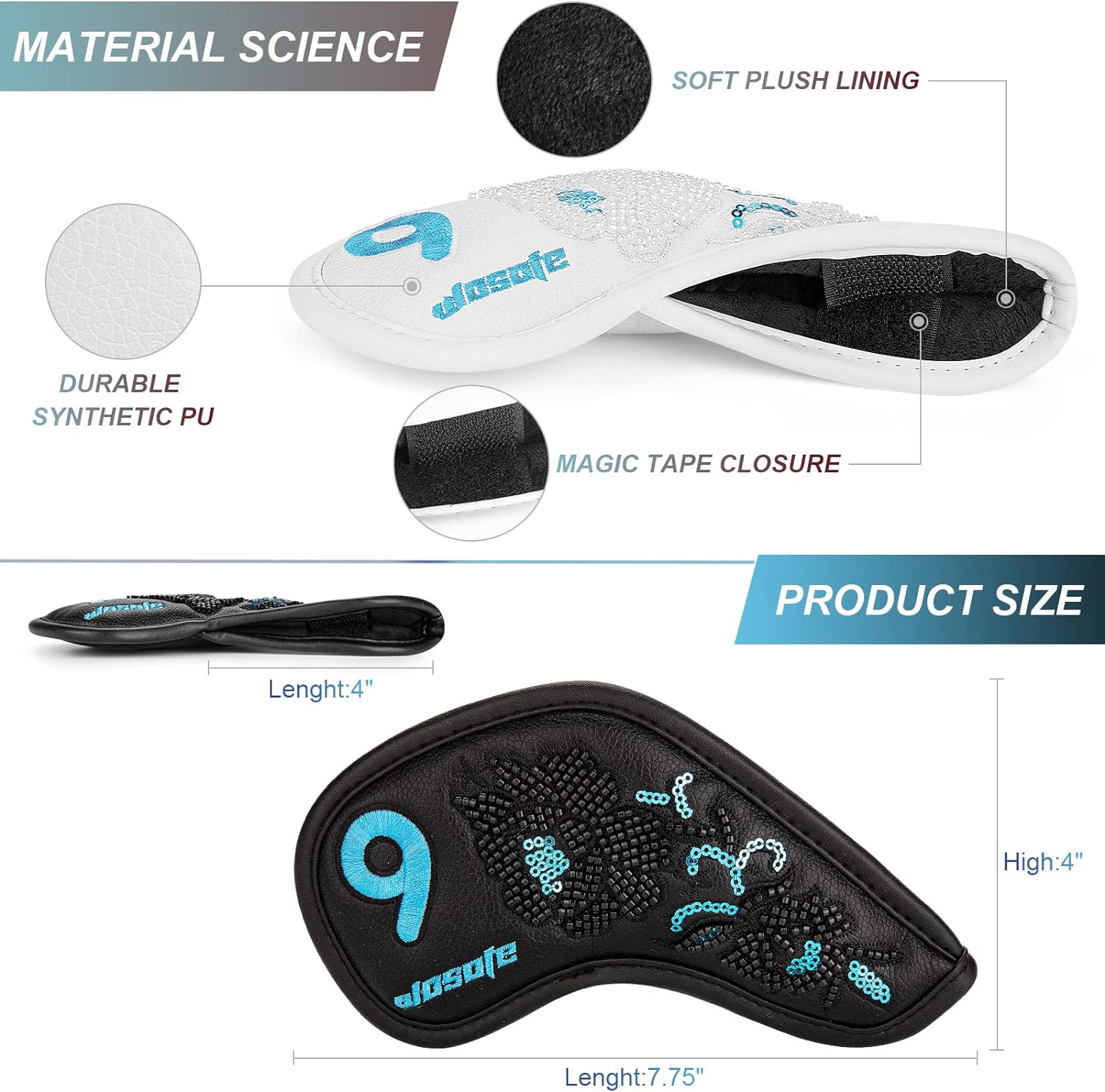 Black Golf Iron Covers Club Cap Covers Beaded Embroidered Club Head Protectors Made In China