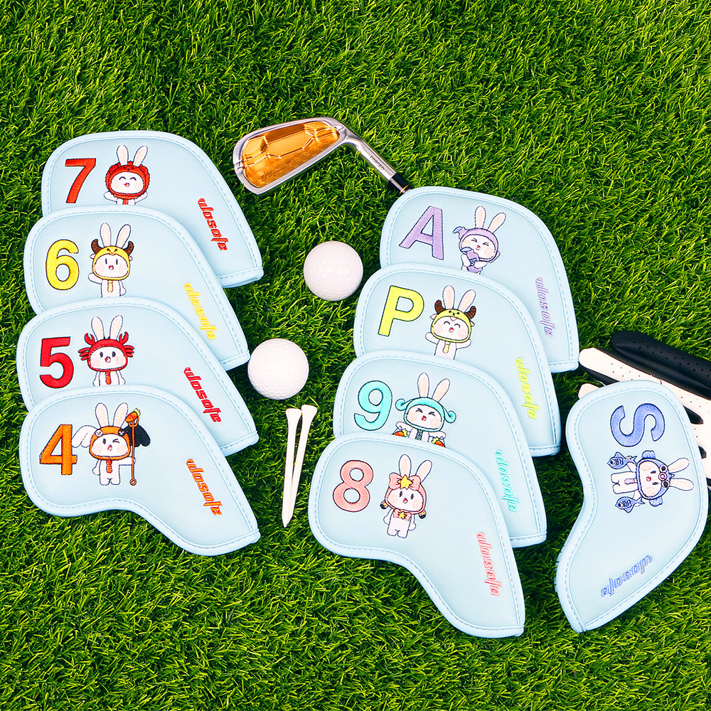 Golf Headcover High Quality Premium Pu Leather Iron Head Cover 9 Pcs Density Embroidery Rabbit Design Bunny Party Iron Cover Set