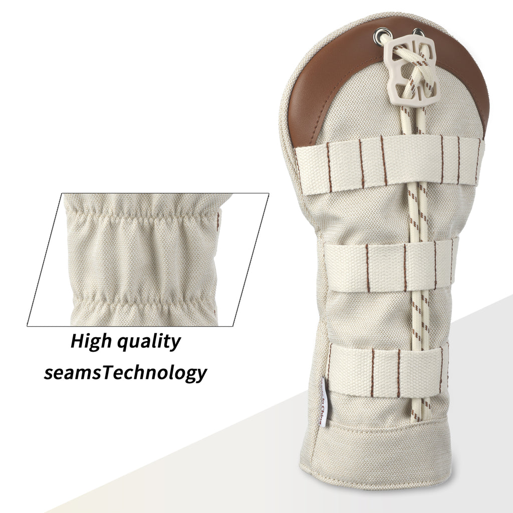 Tactical Canvas & PU Leather Golf Headcover Set - 3pc Wood Club Covers (Driver, Fairway, Hybrid) with Integrated Tee Holder Ribbon & Black Velvet Lining, Fits All Major Brands