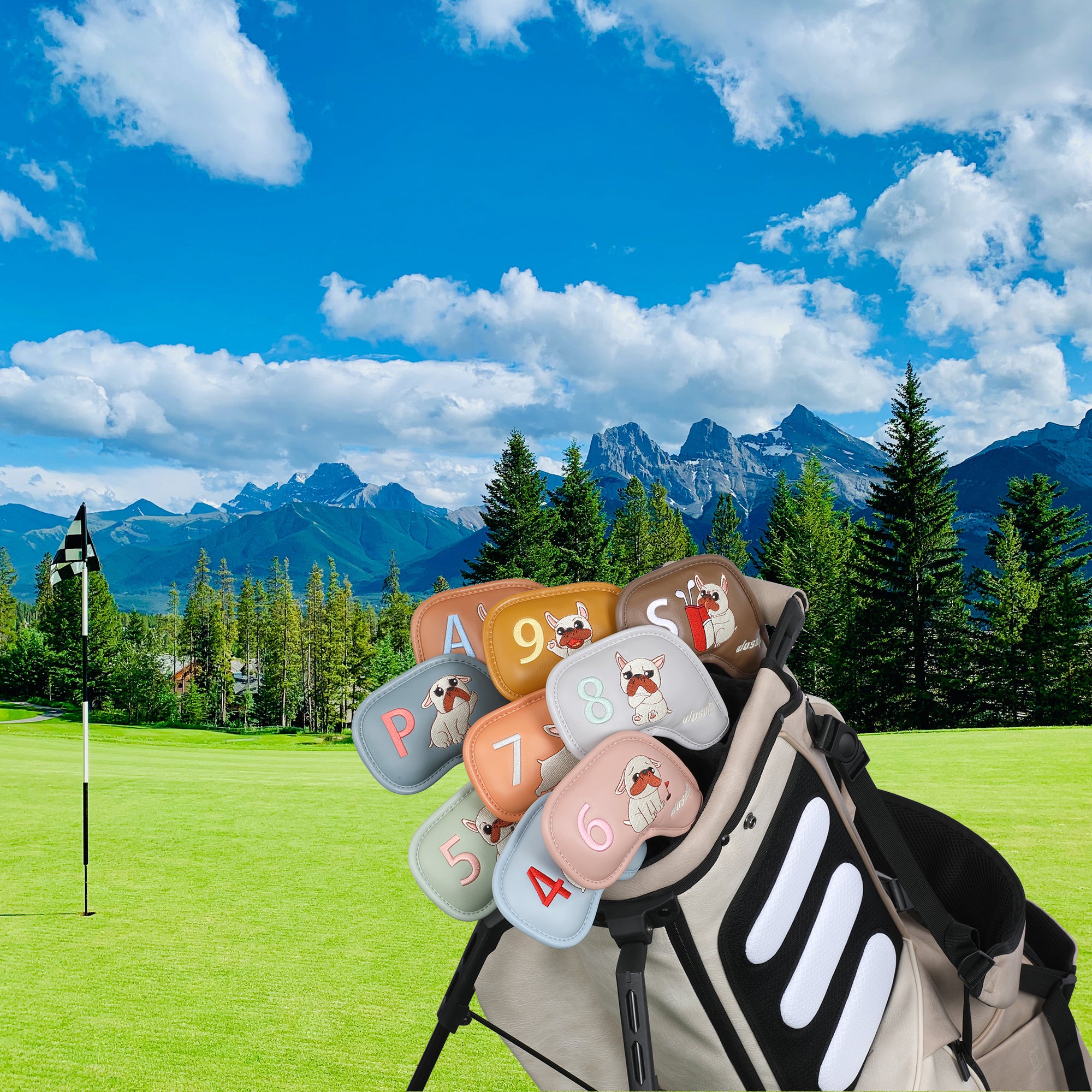 High Quality PU Golf Headcover, Embroidered French Bulldog Design Iron Club Golf Head Cover Set 9pcs Waterproof Durable Effective Protection Club