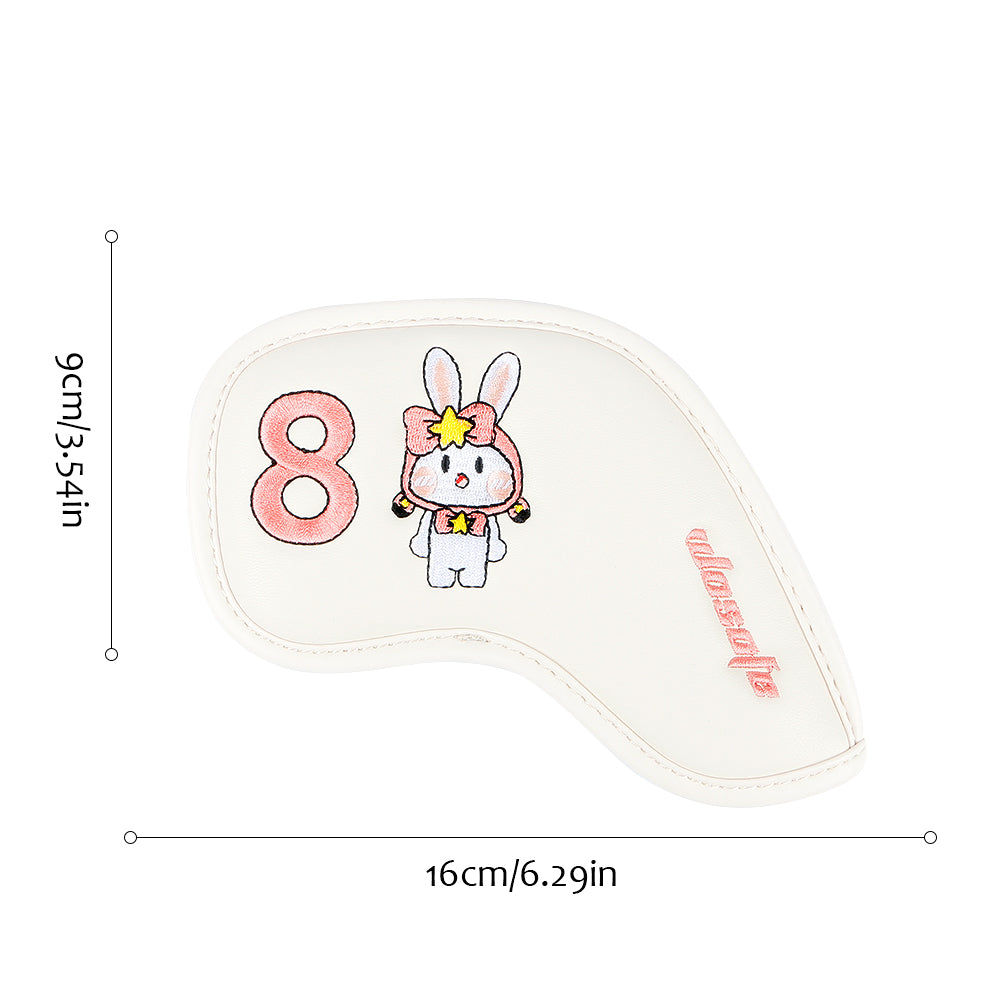 Lucky Rabbit Embroidery Golf Iron Headcovers Set - 9pcs Premium Waterproof PU Leather Protectors with Secure Velcro Closure, High-Density Stitching, Black & White