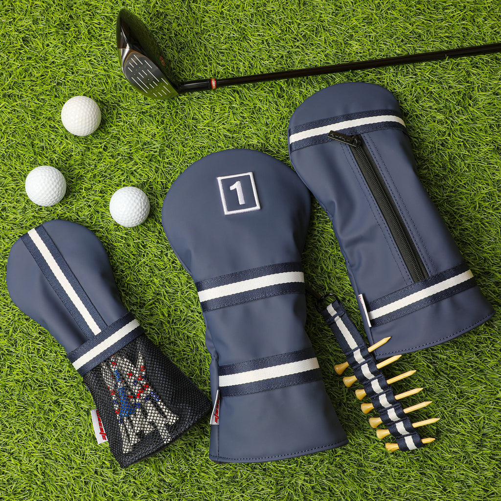 Matte Blue PU Leather Golf Headcover Set - 3pc Wood Club Covers (Driver, Fairway, Hybrid) with Mesh Pocket & Detachable Tee Holder Ribbon, Black Velvet Lining, Fits All Drivers & Woods