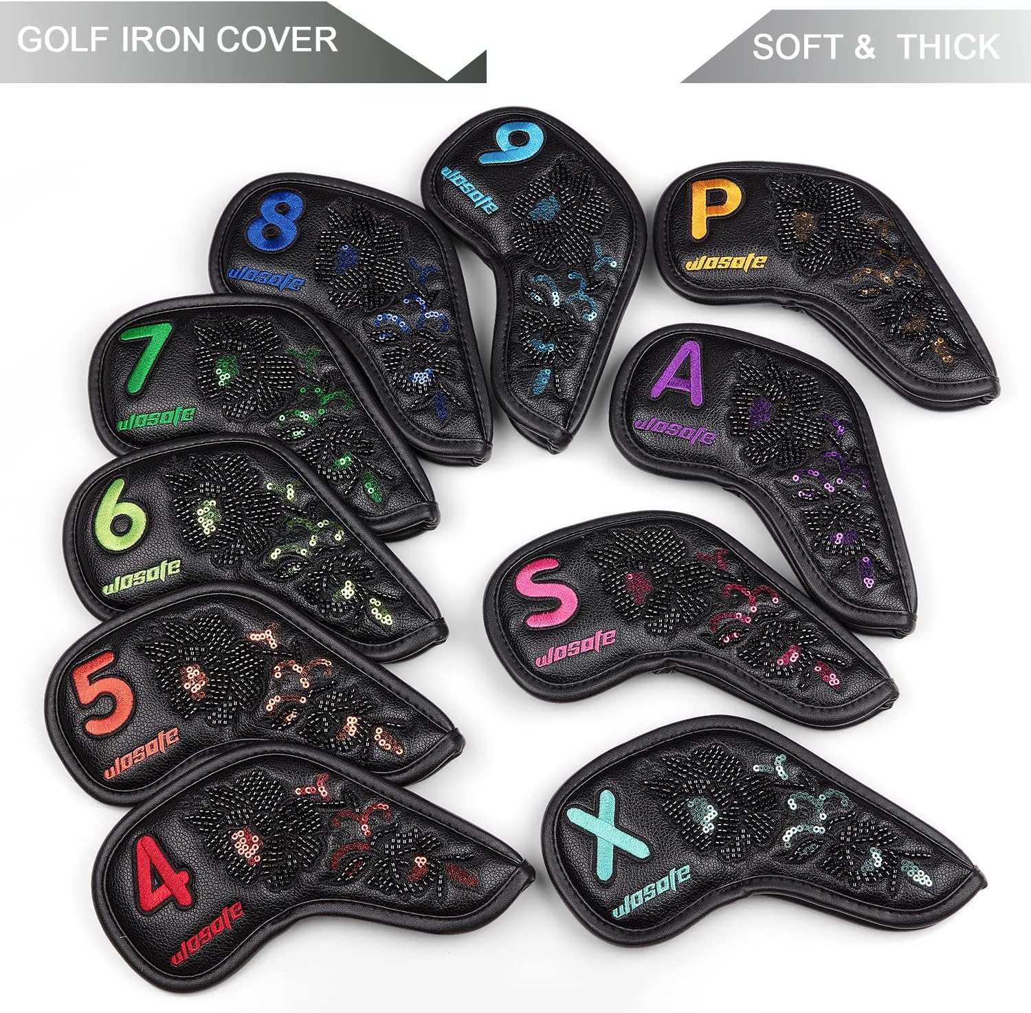 Black Golf Iron Covers Club Cap Covers Beaded Embroidered Club Head Protectors Made In China