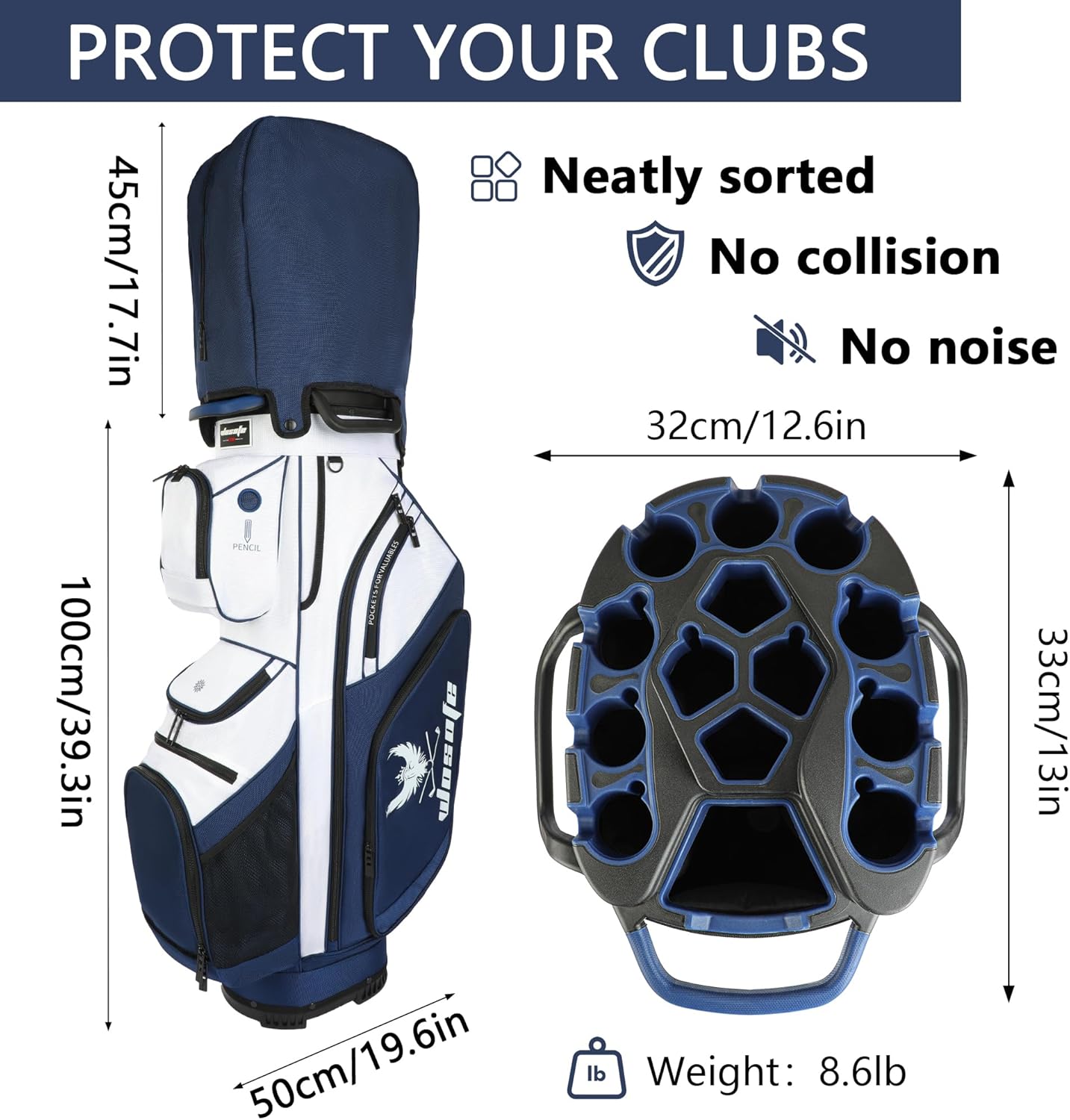 Golf Cart Bag ,T-Lock 14 Way Full-Length Divider Top Fixed Slots Clubs Organized Premium Oxford Cloth Golf Bag for Men Women Black Blue Green 13 Pockets with 3 Handles Cooler Bag Rain Cover