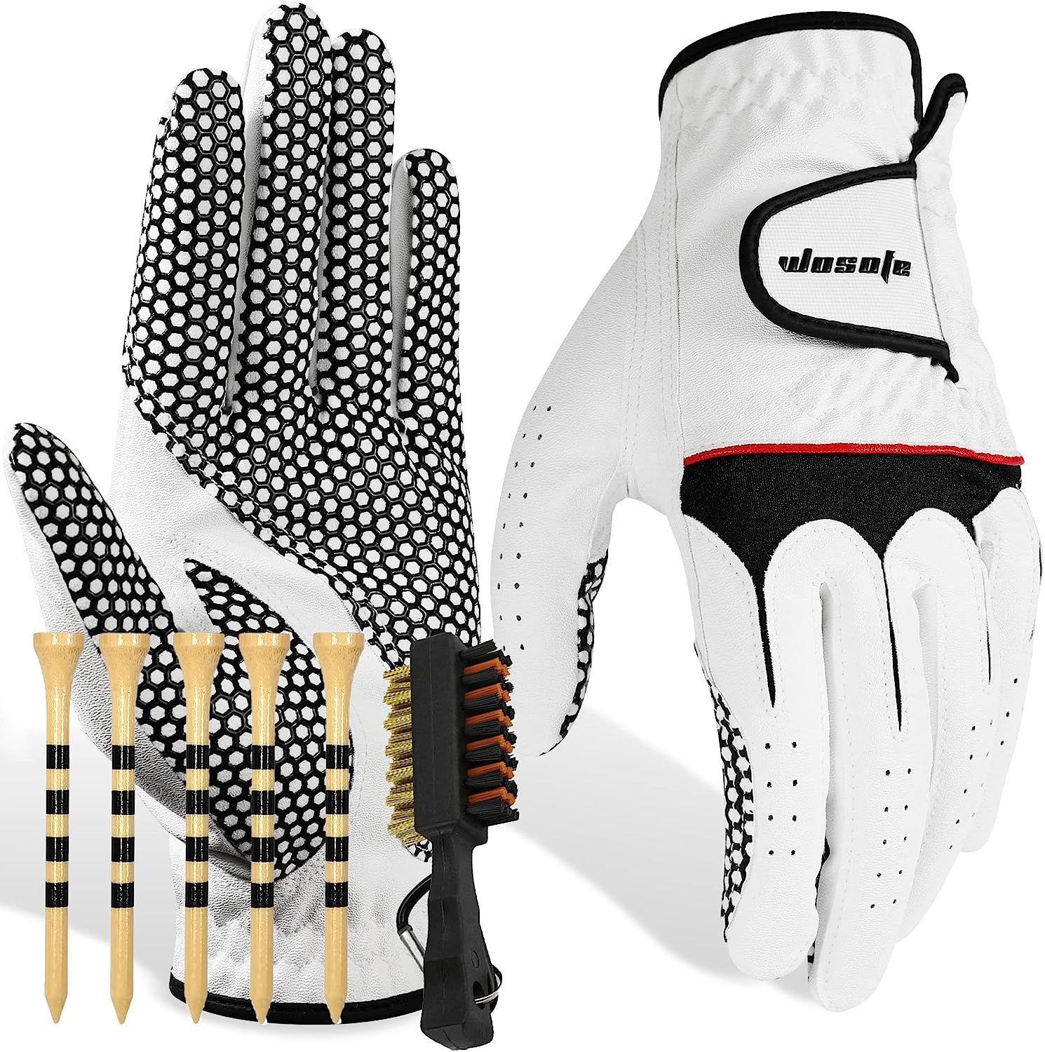 Men’s Golf Glove Left Hand Non-Slip Palm Pu Premium Leather Soft Durable Comfortable All Weather with Five Tees and Brush