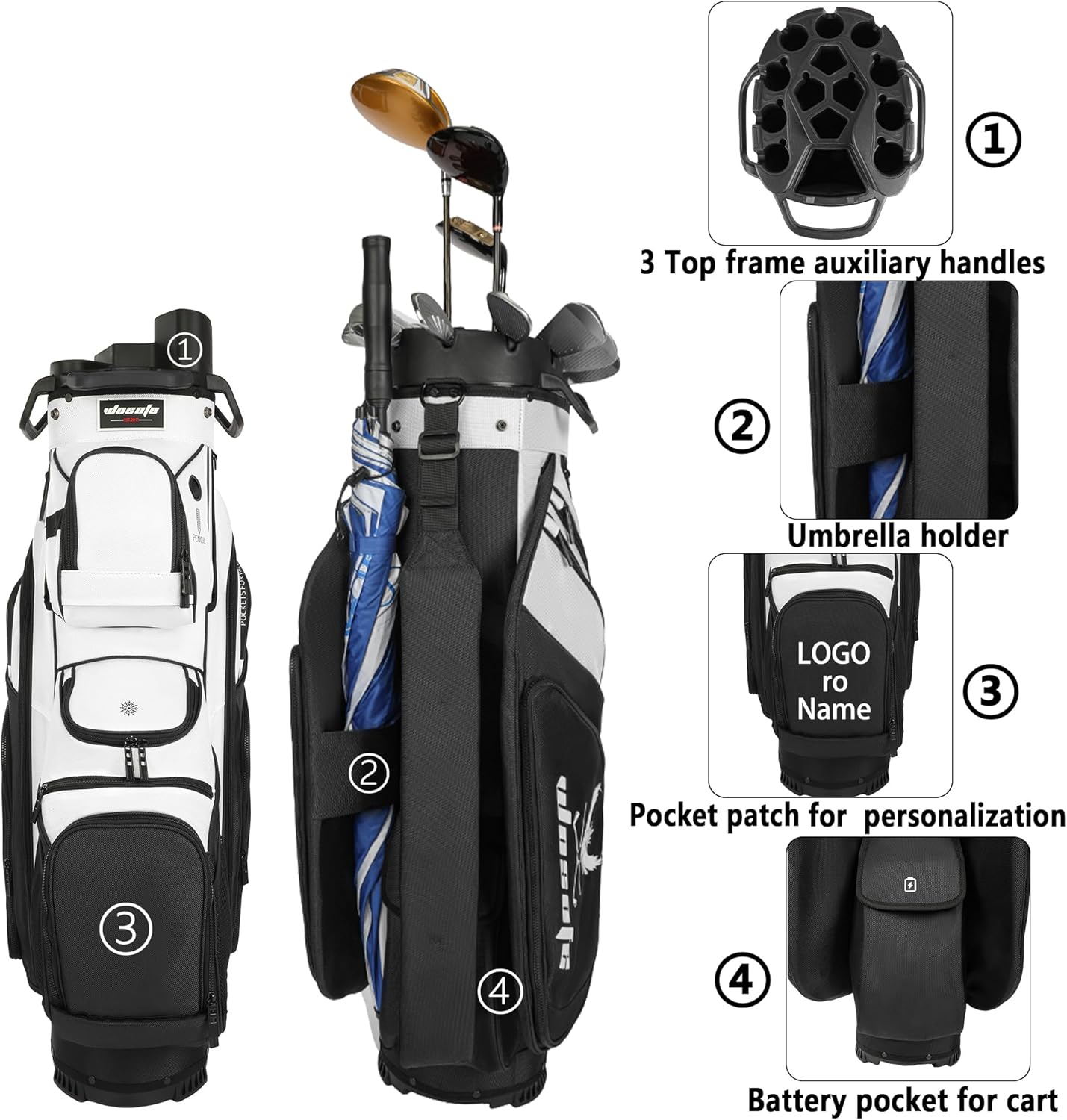 Golf Cart Bag ,T-Lock 14 Way Full-Length Divider Top Fixed Slots Clubs Organized Premium Oxford Cloth Golf Bag for Men Women Black Blue Green 13 Pockets with 3 Handles Cooler Bag Rain Cover