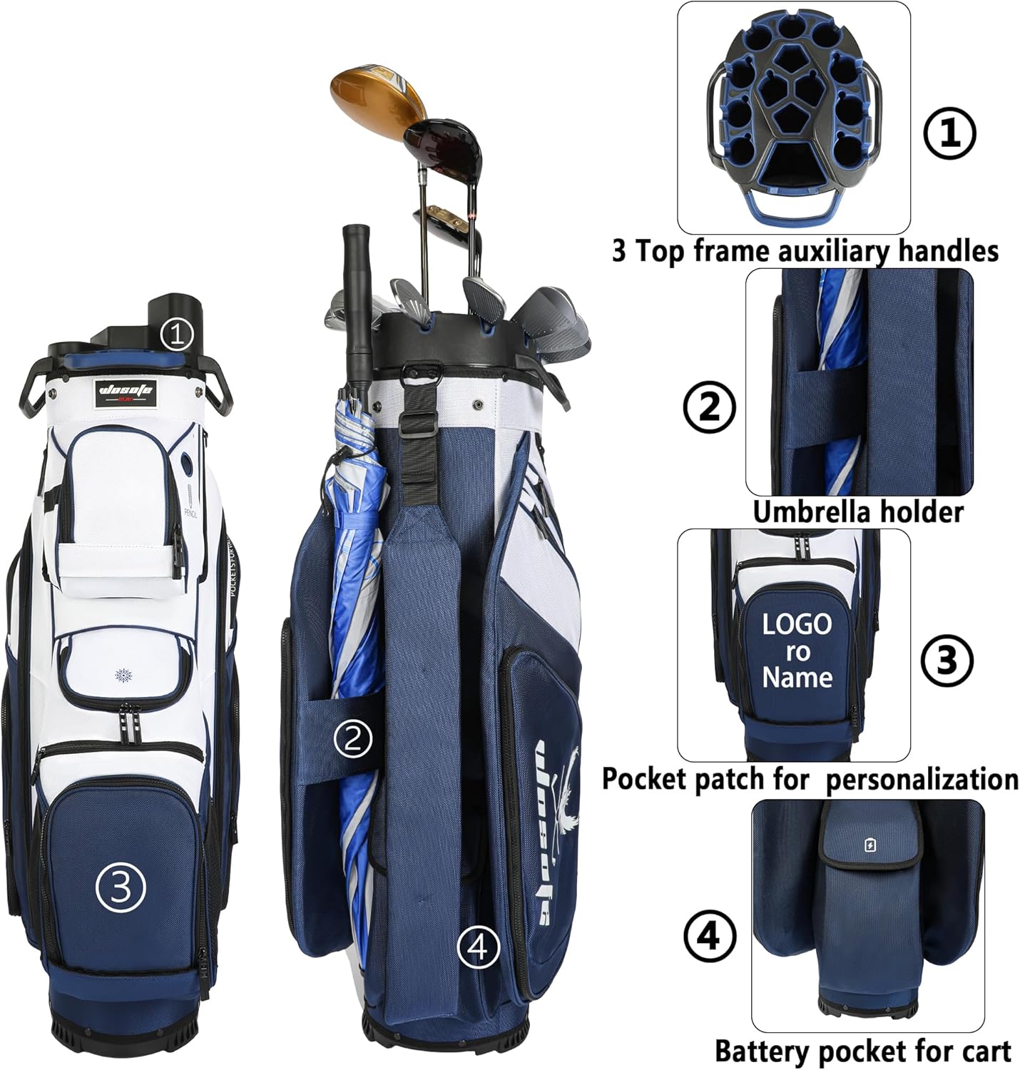 Golf Cart Bag ,T-Lock 14 Way Full-Length Divider Top Fixed Slots Clubs Organized Premium Oxford Cloth Golf Bag for Men Women Black Blue Green 13 Pockets with 3 Handles Cooler Bag Rain Cover