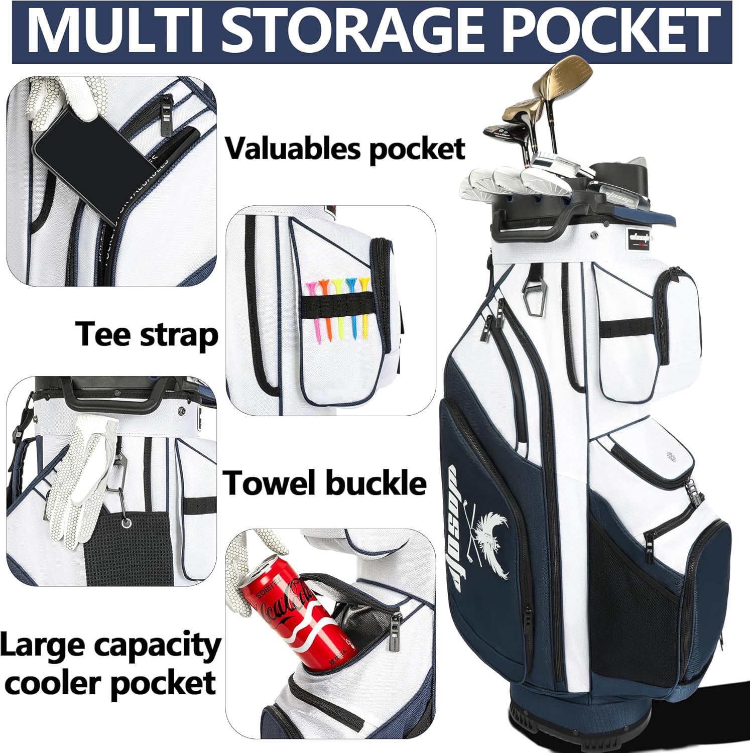 Golf Cart Bag ,T-Lock 14 Way Full-Length Divider Top Fixed Slots Clubs Organized Premium Oxford Cloth Golf Bag for Men Women Black Blue Green 13 Pockets with 3 Handles Cooler Bag Rain Cover