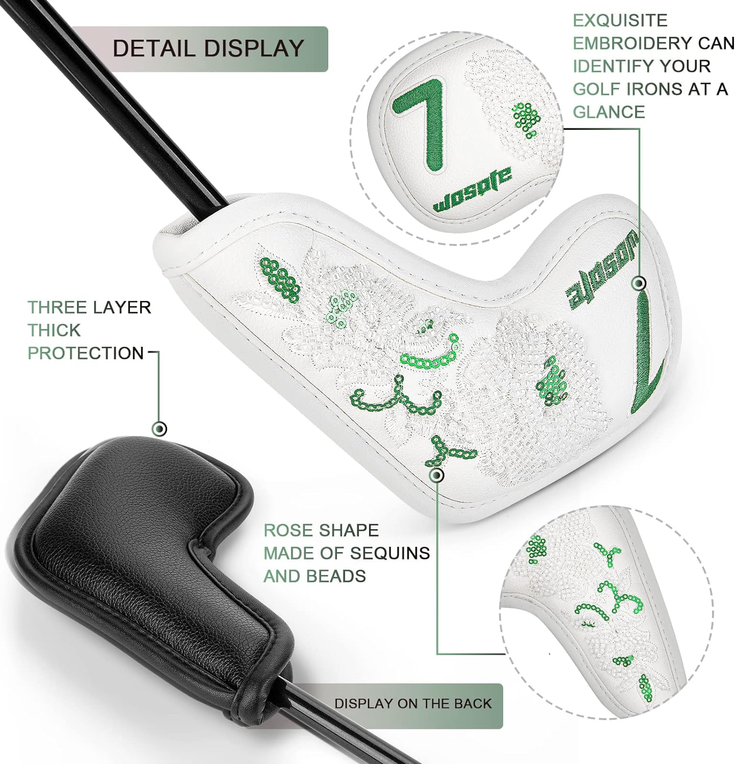 White Golf Iron Covers Club Cap Covers Beaded Embroidered Club Head Protectors Made In China